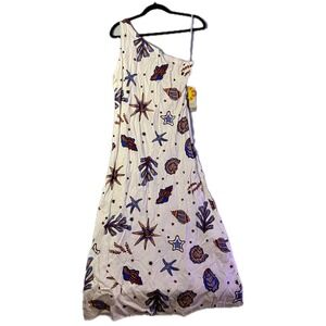 C&C California White One-Shoulder Maxi Dress with Blue and Brown Sea Shell Print